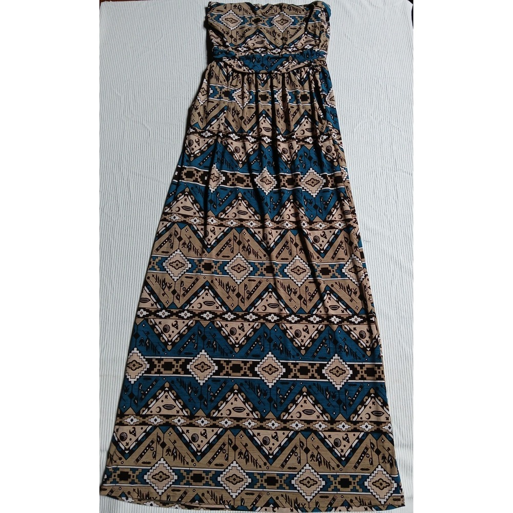 Fantastic Fawn Southwestern Tribal Print Strapless Maxi Dress Teal Tan Boho